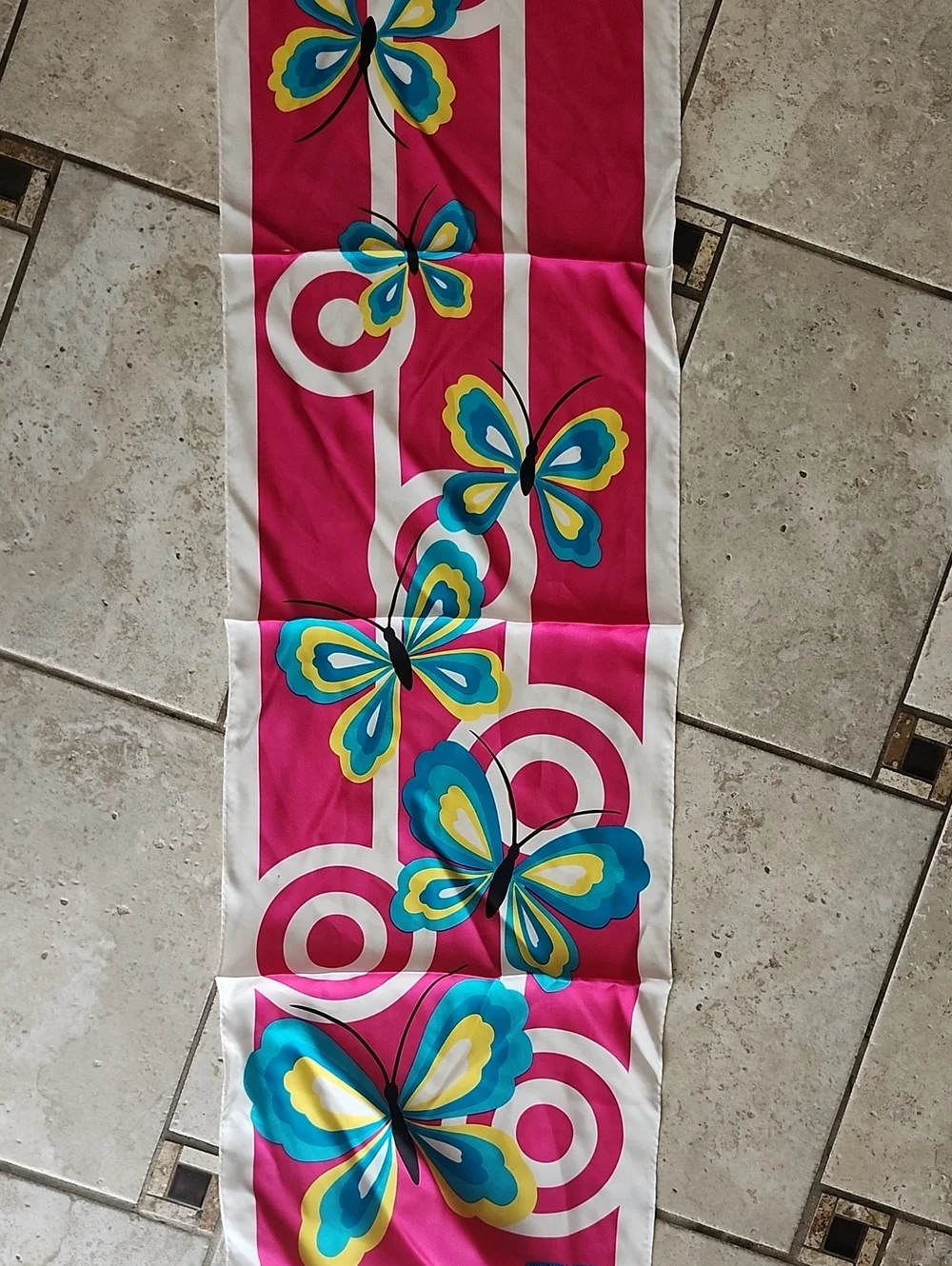 Adrienne Landau Pink Butterfly with Teal and Yellow Accents Silk Scarf